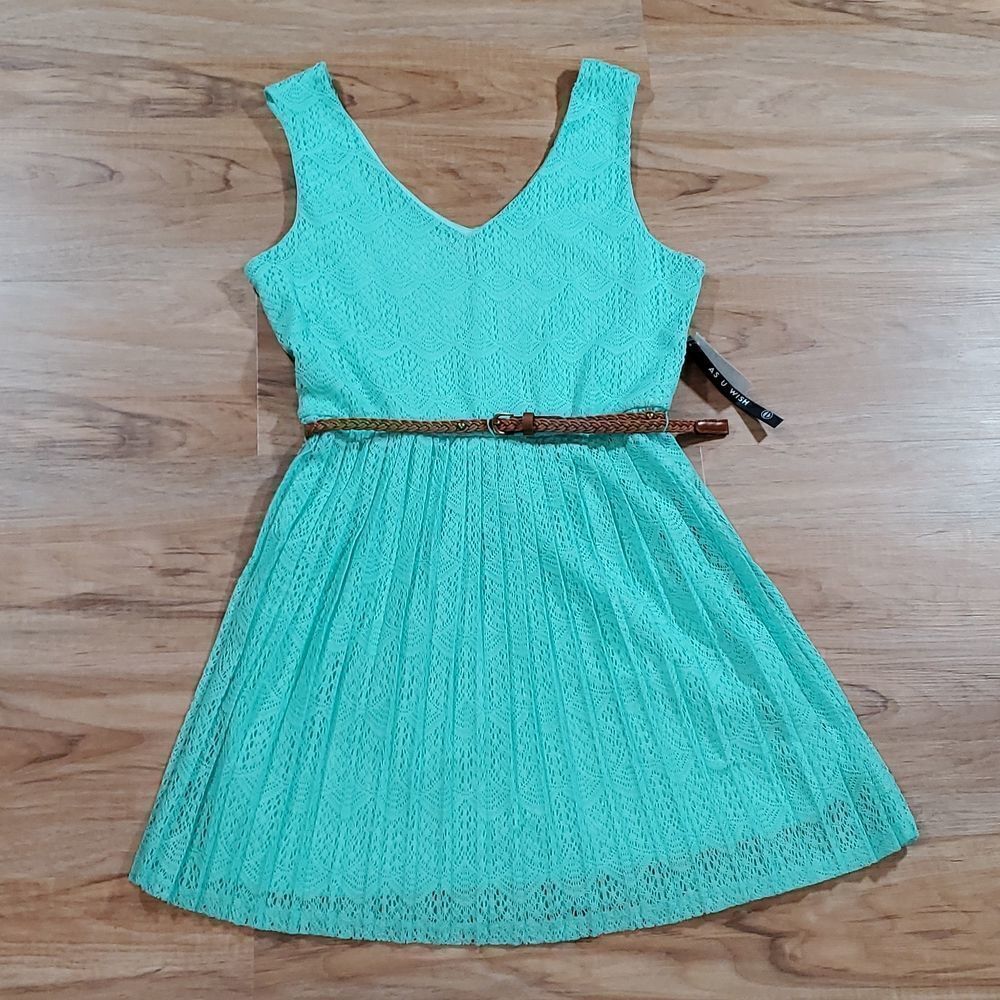 🔸️NWT As U Wish Mint Lace Belted Sleeveless Dress Medium - Picture 2 of 11